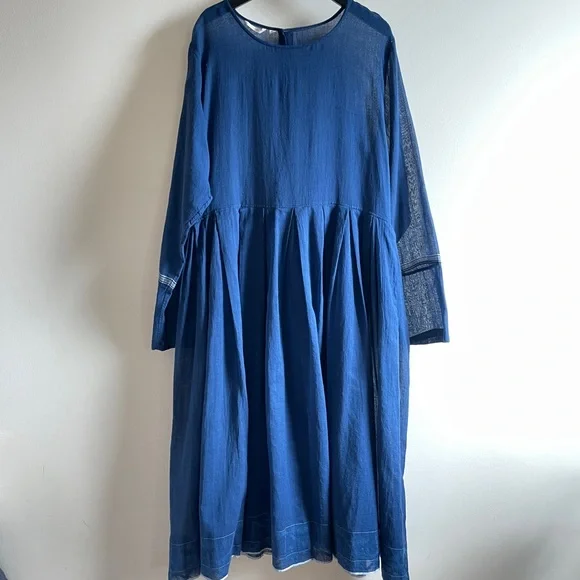 Inijiri blue cotton midi dress size 42 hand loomed indigo size fits S M L - Picture 5 of 15